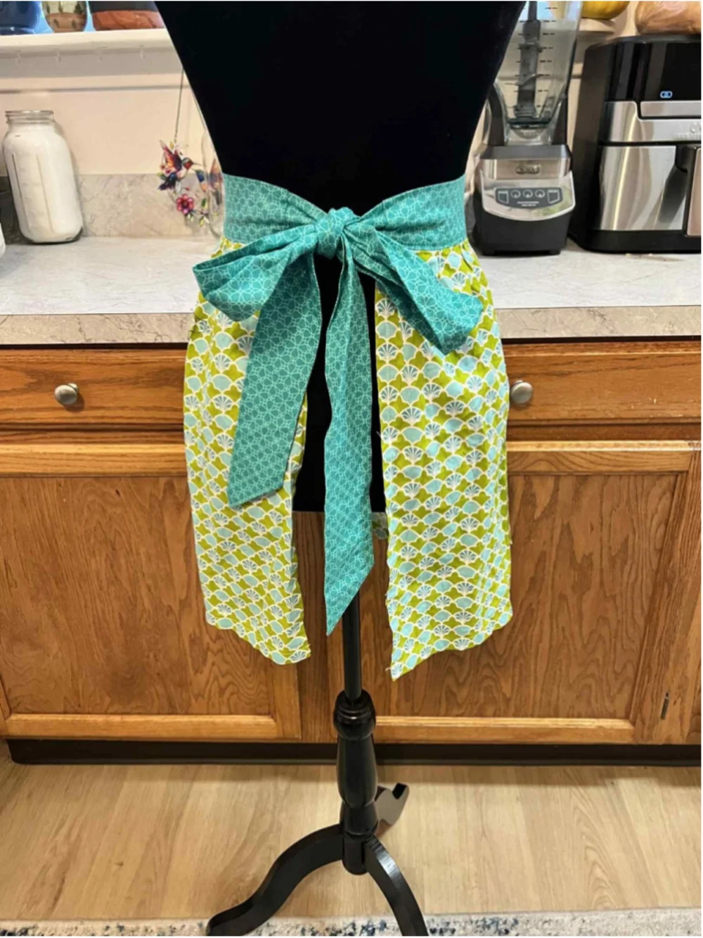 Handmade Cotton Apron Green & Aqua Retro Fan Print Kitchen Apron M/L New Pockets